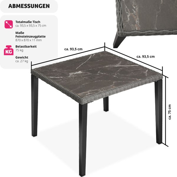 Abmessungen eines Gartentisches mit Feinsteinzeugplatte und Stahlbeinen