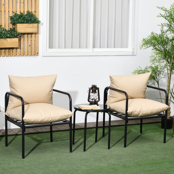 Outsunny 3tlg. Gartenmöbel-Set, Bistro-Set mit 2 Stühlen, 1 Couchtisch, für Balkon, Terrasse, 58L x 58B x 66H cm, Stahl, Beige