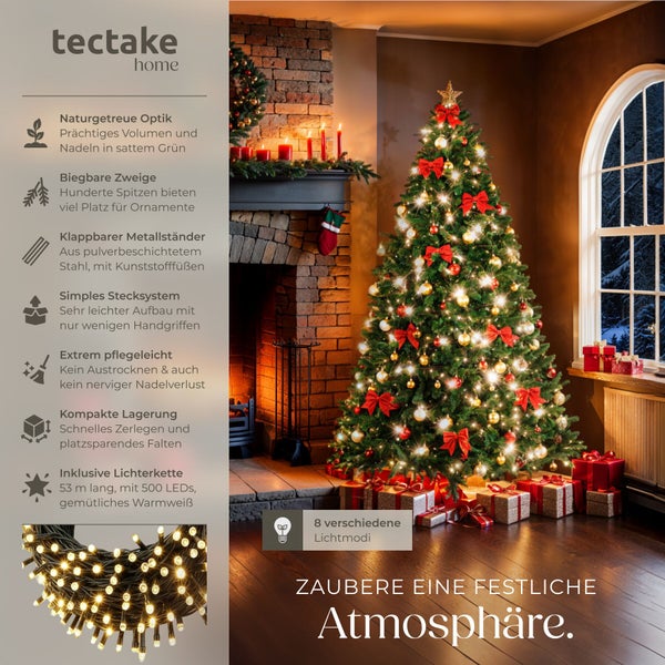 Geschmückter künstlicher Weihnachtsbaum mit Beleuchtung in einem Wohnzimmer mit Kamin und Fenster, Tectake Logo, Produktmerkmale im Text gelistet.