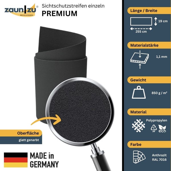 Anthrazitfarbener Sichtschutzstreifen aus Polypropylen, 255 cm lang und 19 cm breit