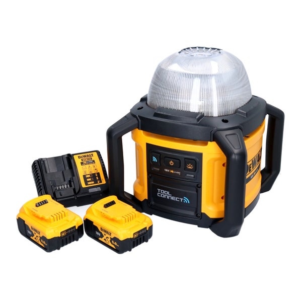 DeWALT Akku-Baustrahler mit zwei 18 Volt Akkus und einem Ladegerät.