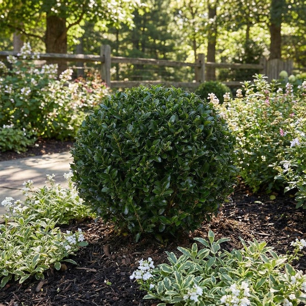 Kugelig geschnittener Buchsbaum in einem organisierten Gartenbeet mit Mulch und weiß blühenden Pflanzen vor einem Holzzaun in hellem Licht.
