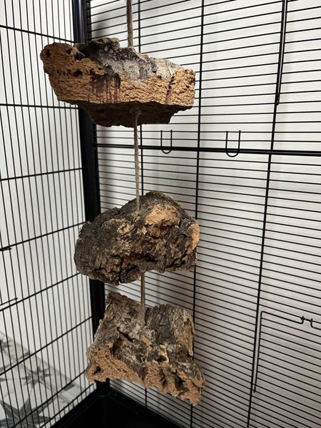 Drei Stücke Naturkork an einem Seil in einem Käfig aufgehängt als Zubehör für Vögel oder Nager.