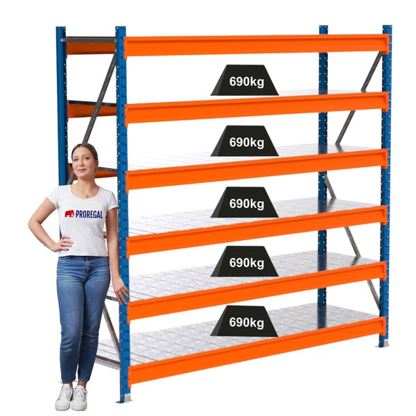 Metall Schwerlastregal mit fünf Regalböden und einer Traglast von 690 Kilogramm pro Boden
