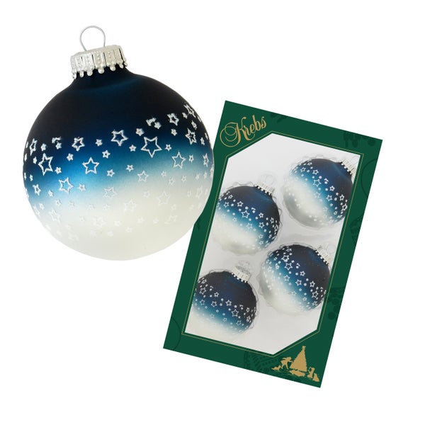 Blau/Silberpearl schattiert 7cm Glaskugel mit weißer Glitter-Sterne-Banddekoration, 4 Stck., Weihnachtsbaumkugeln, Christbaumschmuck, Weihnachtsbaumanhänger