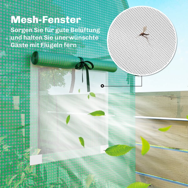Mesh-Fenster eines Gewächshauses zur Belüftung und zum Schutz vor Insekten mit aufgerollter Abdeckung und Nahaufnahme des feinmaschigen Gewebes.