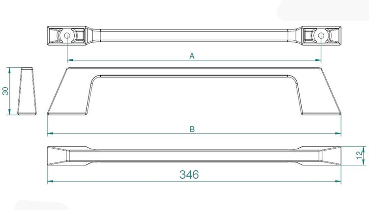 Technische Zeichnung eines Möbelgriffs mit Bemaßungen inklusive Gesamtlänge von 346 Millimetern