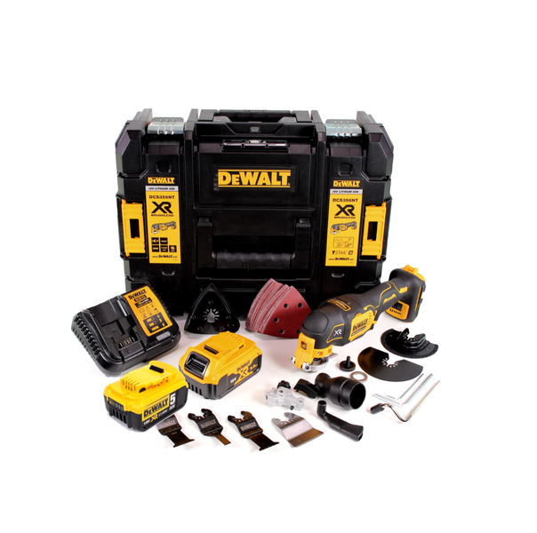 DeWalt 18 Volt Akku-Multitool-Set DCS356 mit zwei Akkus, Ladegerät, Zubehör und TSTAK Koffer.