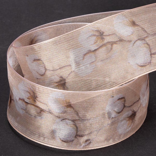 Dekoband mit Baumwollblüten-Muster, transparentes Textilmaterial, geeignet zum Basteln und Dekorieren.