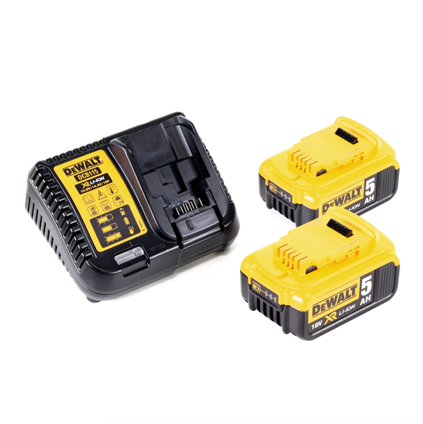DeWalt Ladegerät DCB115 mit zwei 18 Volt 5 Amperestunden Lithium-Ionen-Akkus.