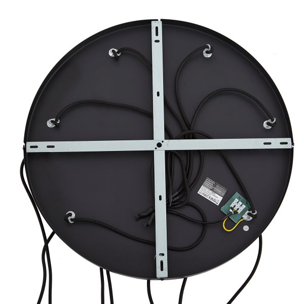 Rückansicht einer runden, schwarzen Deckenleuchte mit Montagehalterung