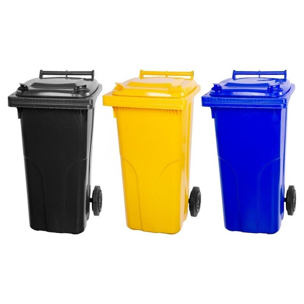 PROREGAL SuperSparSet 3x 2-Rad-Mülltonne Mgb HDPE-Kunststoff 120 Liter Grau/Schwarz & Gelb & Blau