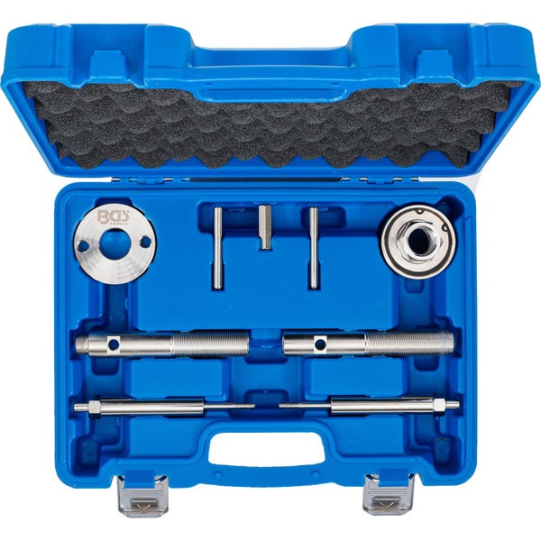 BGS Technic Motor-Einstellwerkzeug-Satz in blauem Kunststoffkoffer mit Schaumstoffeinlage, inklusive diverser Metallstifte und Adapter.