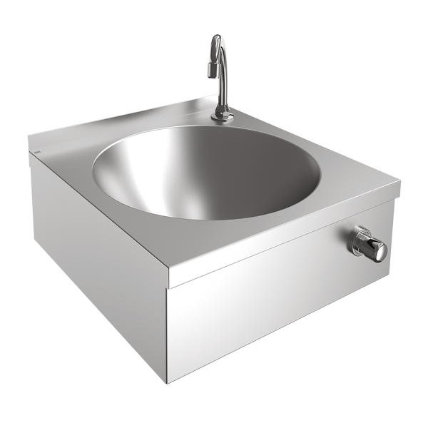 Wandhängendes Waschbecken aus Edelstahl mit Armatur und Druckknopf.
