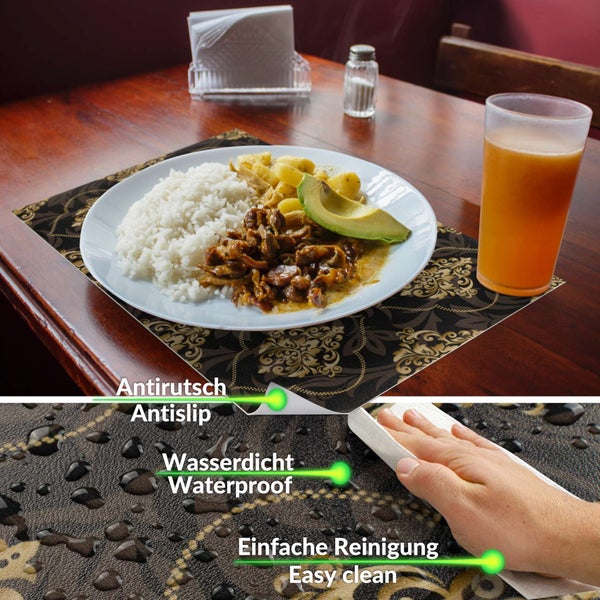 Gemustertes Tischset auf einem Holztisch mit Teller, rutschfest, wasserdicht und einfach zu reinigen.