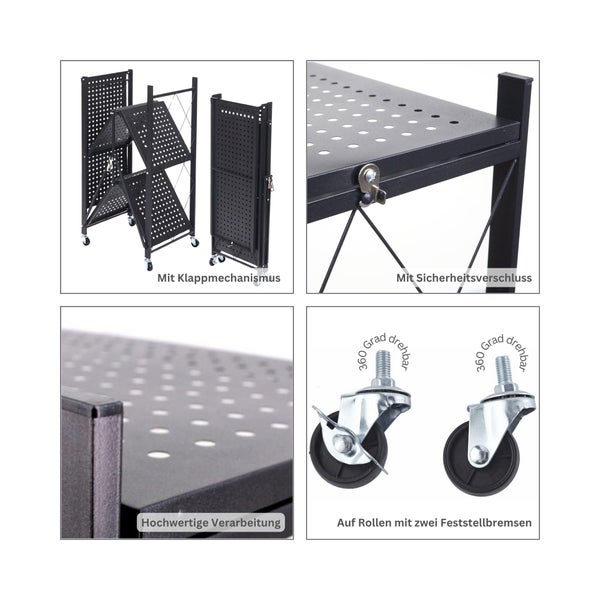 Rollbarer Klappregalwagen mit drei perforierten Metallablagen