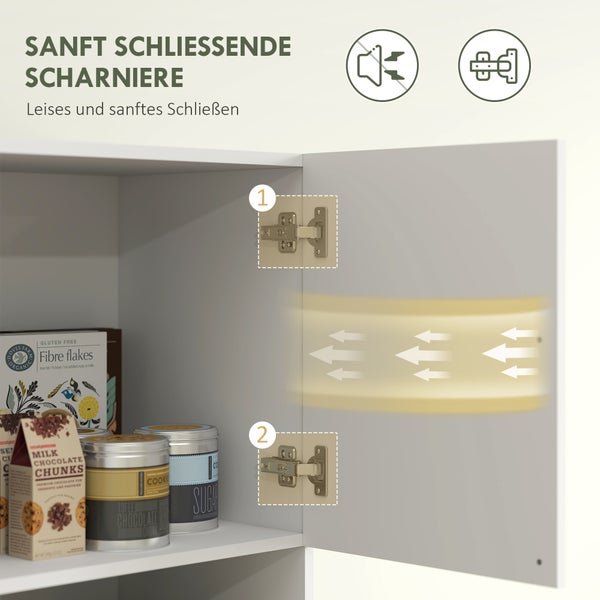 Innenansicht eines Küchenschranks mit Vorräten und einer Tür mit zwei montierten, sanft schließenden Metallscharnieren für geräuschloses Schließen.