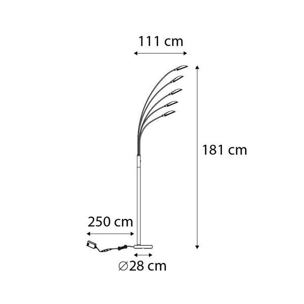 Abmessungen einer Stehlampe mit sechs Leuchten, 181 cm hoch, 111 cm breit, Kabellänge 250 cm, Durchmesser des Sockels 28 cm.