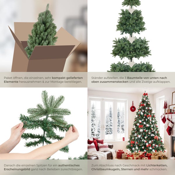 Anleitung zur Montage eines künstlichen Weihnachtsbaums in vier Schritten von der Lieferung bis zum geschmückten Baum im Wohnzimmer.