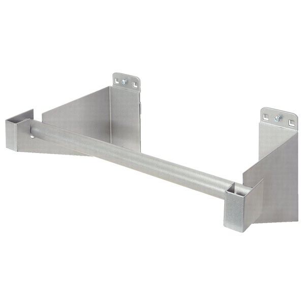 Silberfarbene wandmontierte Metallstange mit zwei Halterungen zur Befestigung.