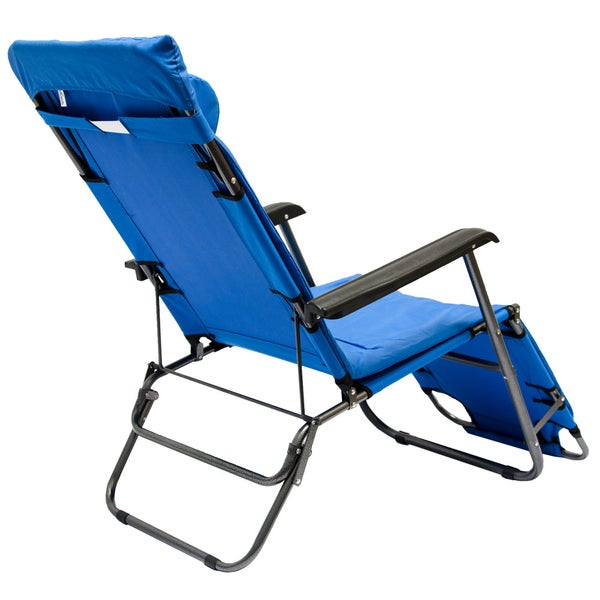 Blaue Sonnenliege mit verstellbarer Rückenlehne in verschiedenen Positionen und Abmessungen