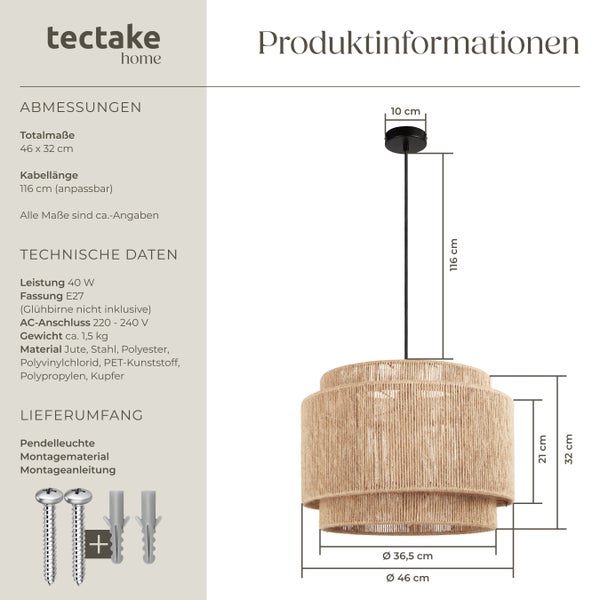 Technische Zeichnung einer Pendelleuchte mit Jutekabel und dazugehörigen Maßen