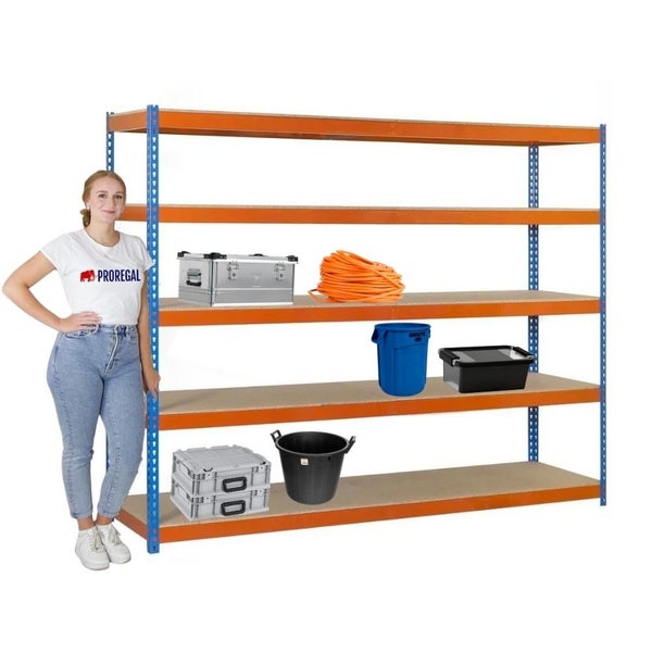 PROREGAL Schwerlastregal Wood Beast Five HxBxT 200 x 240 x 45 cm 5 Ebenen Fachlast 400 kg Blau-Orange