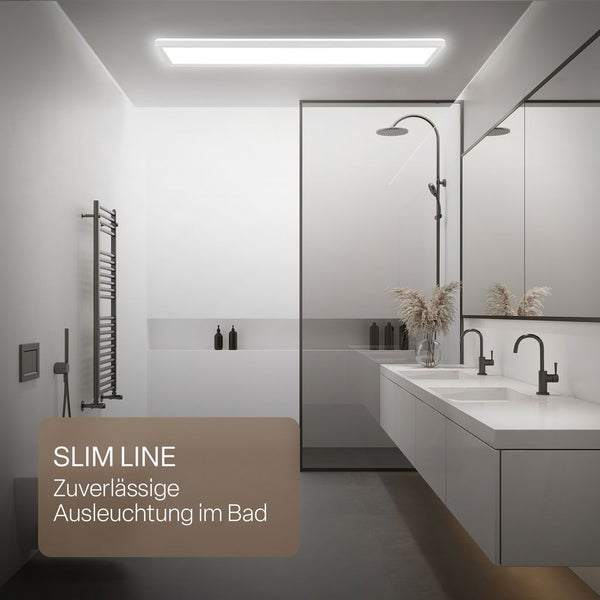 Modernes Badezimmer mit rechteckigem LED Deckenpanel zur hellen Ausleuchtung, Doppelwaschtisch und begehbarer Dusche.