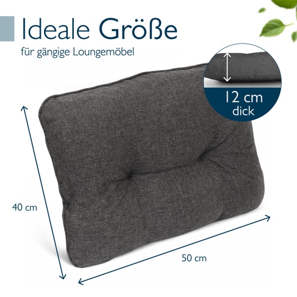 Rechteckiges Loungekissen mit 40 Zentimeter Höhe 50 Zentimeter Breite und 12 Zentimeter Dicke zur Verwendung auf Loungemöbeln