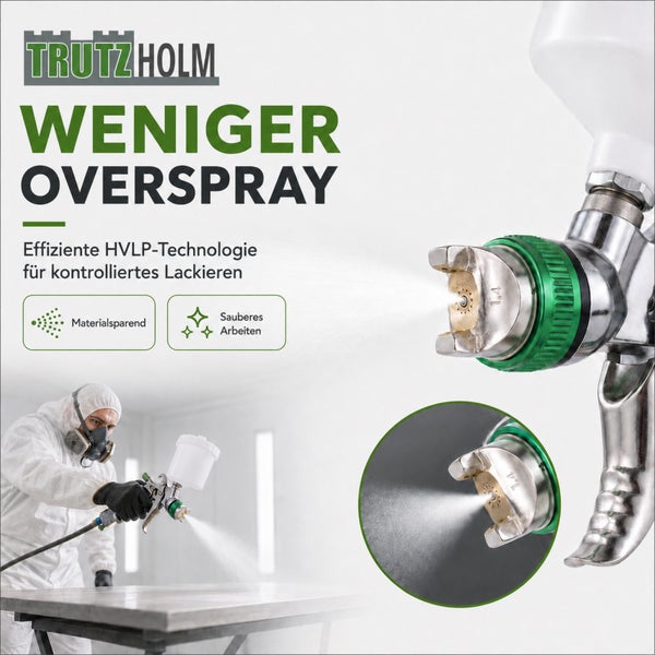 TrutzHolm Lackierpistole mit HVLP Technologie fuer reduzierten Overspray und effizientes, sauberes Lackieren bei Werkstattarbeiten.