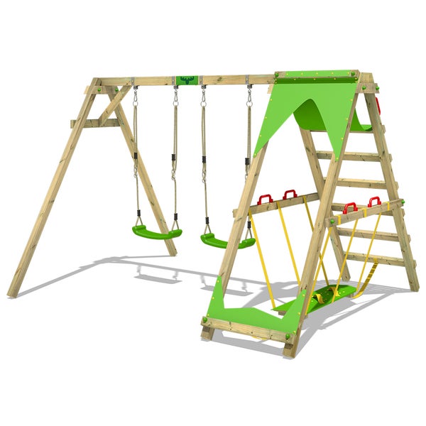 FATMOOSE Kinderschaukel Schaukelgestell JollyJade Schaukel, Schaukelgerüst, Doppelschaukel, Holzschaukel mit Kletteranbau - apfelgrün