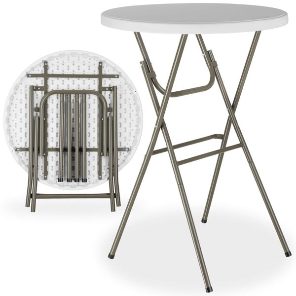 Runder Stehtisch mit Klappfunktion, einmal aufgestellt und einmal zusammengeklappt dargestellt.