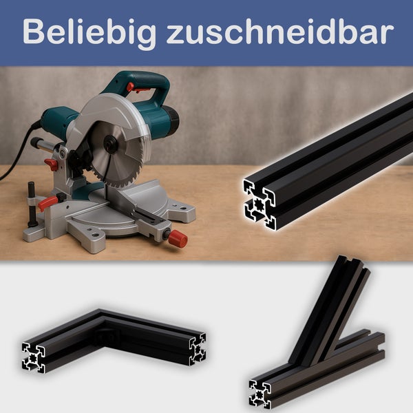 Eine Kappsäge schneidet Aluminiumprofile zu, die dadurch beliebig zuschneidbar sind.