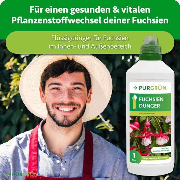 Purgrün Fuchsiendünger Flüssigdünger mit Guano in der 1 Liter Flasche für vitale Fuchsen im Innen und Außenbereich.