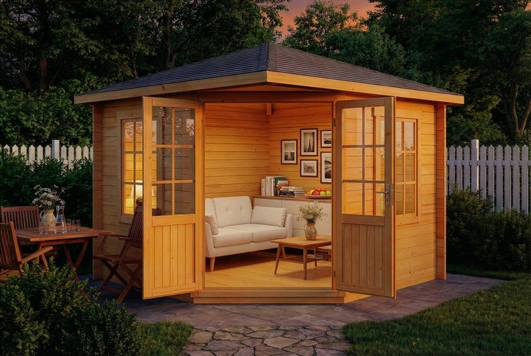 Holzgartenhaus mit offenstehenden Doppeltüren, ausgestattet mit Sitzmöbeln und Tisch