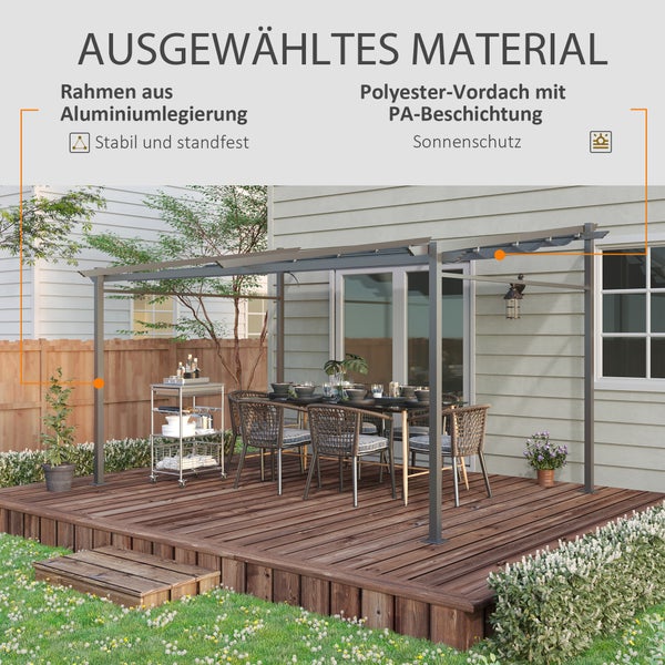 Outsunny Terrassendach Pergola ca. 4x3m Terrassendachung Garten Pavillon Aluminium, Wandmontage, Gartenpavillon mit Verstellbares Dach, UV Schutz, Sonnenschutz für Terrasse und Garten, Dunkelgrau