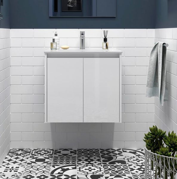 Maßzeichnung eines Waschbeckenunterschranks mit Waschbecken. Breite 598 Millimeter, Tiefe 460 Millimeter, Höhe 540 Millimeter.