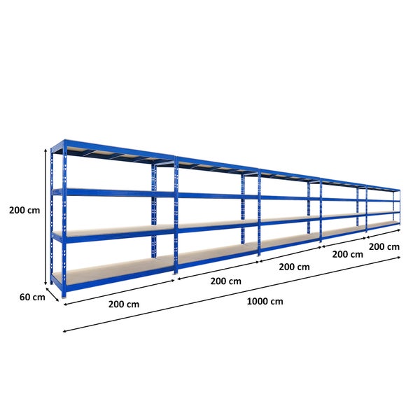 Langes Regal mit Stahlrahmen und Regalböden, 200 cm hoch, 60 cm tief und 1000 cm breit