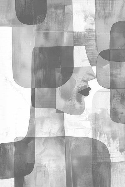 Abstraktes Wandbild mit Frauengesicht und geometrischen Formen