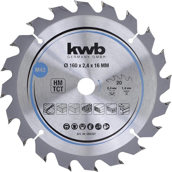 kwb Kreissägeblatt 160 x 16 mm - Schneller Schnitt, geeignet für Weich- und Hartholz, Tischlerplatten und Spanplatten - Hartmetall-Zähne, flexibles Stammblatt