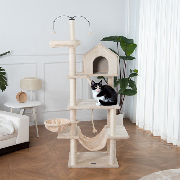 Home Deluxe - Kratzbaum FURRY - Farbe: Beige, Maße: 174 x 49 x 60 cm, Material: Polyester, Sisal, Gestell: MDF I Katzenbaum Kratzpfosten