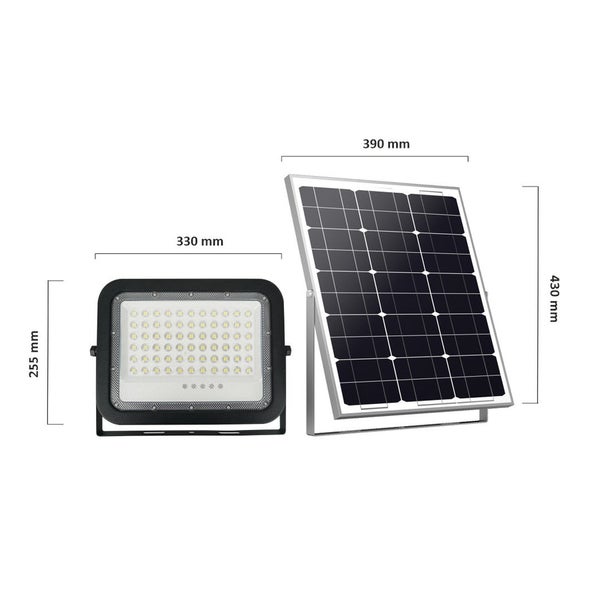 Solarstrahler mit den Maßen 330 mm x 255 mm und Solarmodul mit den Maßen 390 mm x 430 mm