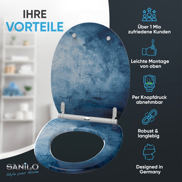 Blauer Toilettensitz mit Marmoroptik, doppelter Absenkautomatik und Schnellverschluss, Sanilo Logo.