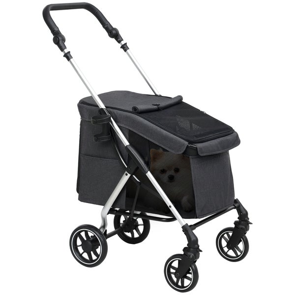 PawHut Hundewagen leicht Hundebuggy aus Aluminium klappbar für Hunde & Katzen bis 10 kg Katzenbuggy mit Kissen Netzfenstern Türen Aufbewahrungskorb Katzenwagen Buggy Grau