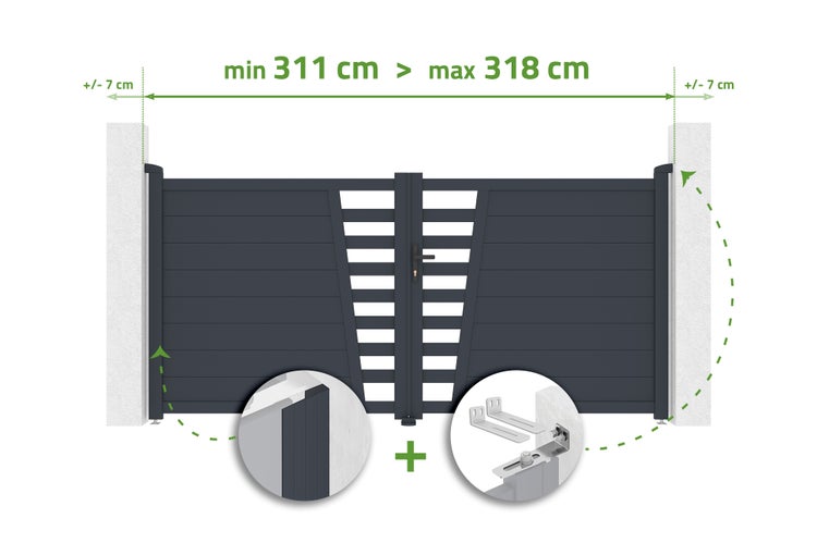 Zweiflügeliges Einfahrtstor aus Metall, Breite 311 bis 318 Zentimeter, inklusive Montagezubehör und Einstellbereich von 7 Zentimeter.