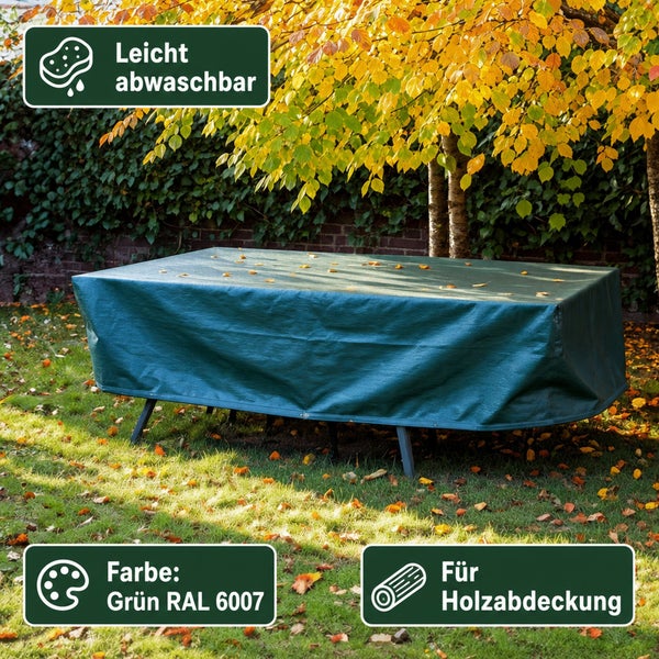 Gartentischabdeckung für Holzmöbel in Grün RAL 6007, leicht abwaschbar, im Garten platziert.