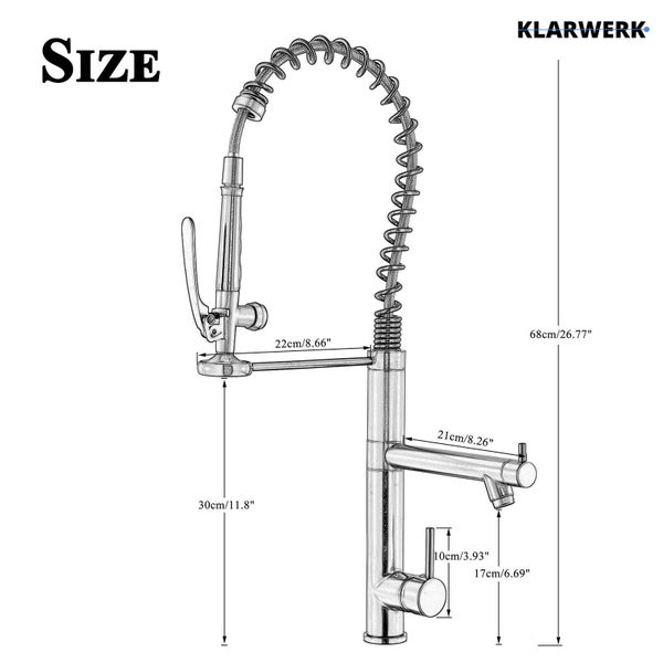 Küchenarmatur von Klarwerk mit Maßen: Gesamthöhe 68 Zentimeter, Auslaufhöhe 17 Zentimeter, Brausehöhe 30 Zentimeter. KLARWERK Logo.