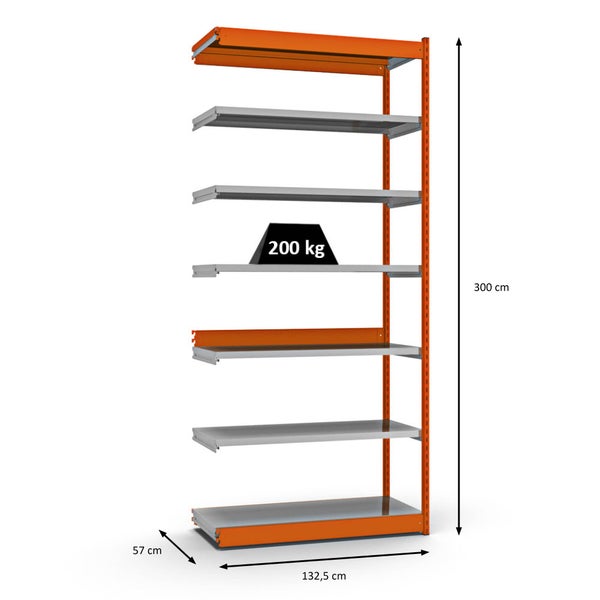 PROREGAL Fachbodenregal Stecksystem Vierkant-Profil Grundregal HxBxT 300 x 132,5 x 50 cm 7 Ebenen Einseitige Bauart Fachlast 200 kg Orange