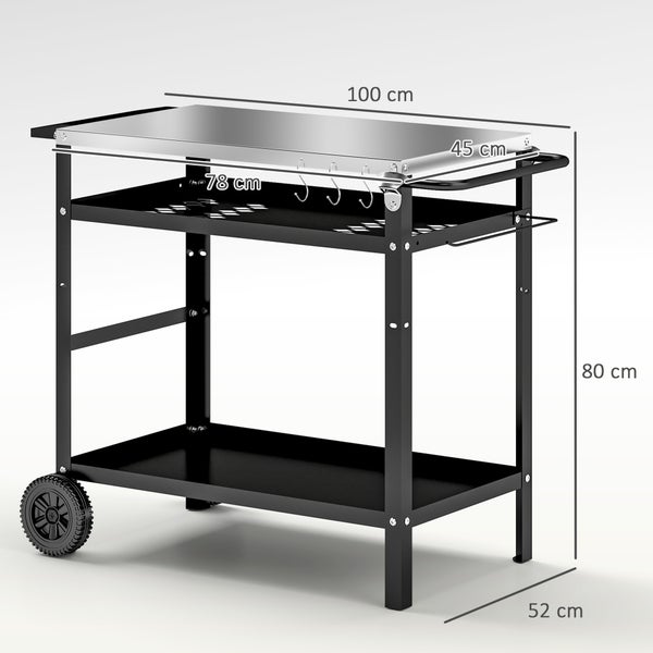 Outsunny Grillwagen 3-Etagen Servierwagen mit Arbeitsfläche Griffe Hülle Räder, höhenverstellbar BBQ Grilltisch Edelstahl, Grill Beistelltisch, Outdoor Rollwagen für Garten Grill 100x52x80cm Schwarz