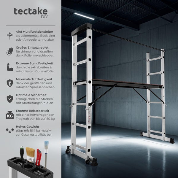 Tectake Multifunktionsleiter, nutzbar als Leitergerüst, Bockleiter oder Anlegeleiter, für innen und aussen, mobil dank Rollen, hohe Standfestigkeit und maximale Trittfestigkeit